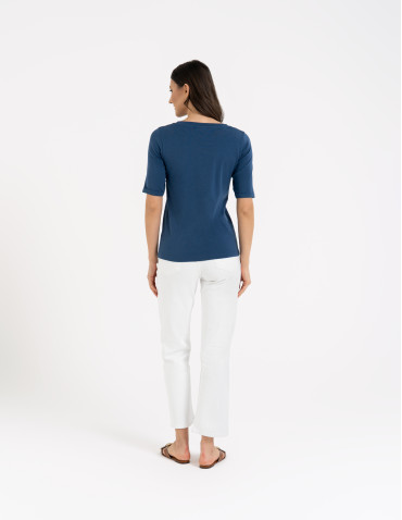 Bluzki i koszule - Bluzka damska z krótkim rękawem bawełniana bez wzoru JEANS - produkt 7