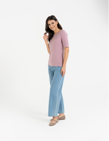 Bluzki i koszule - Bluzka damska z krótkim rękawem bawełniana bez wzoru RÓŻOWY - produkt 5