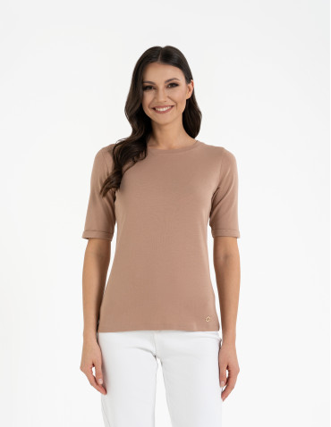 Bluzki i koszule - Bluzka damska z krótkim rękawem bawełniana bez wzoru BEŻOWY - produkt 6