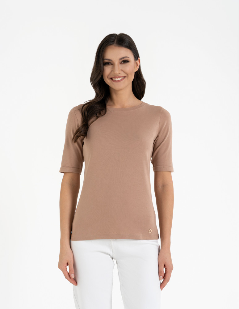 Bluzki i koszule - Bluzka damska z krótkim rękawem bawełniana bez wzoru BEŻOWY  - produkt moraj.pl 6