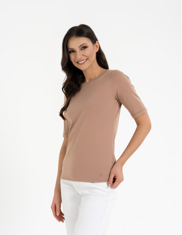Bluzki i koszule - Bluzka damska z krótkim rękawem bawełniana bez wzoru BEŻOWY - produkt 7
