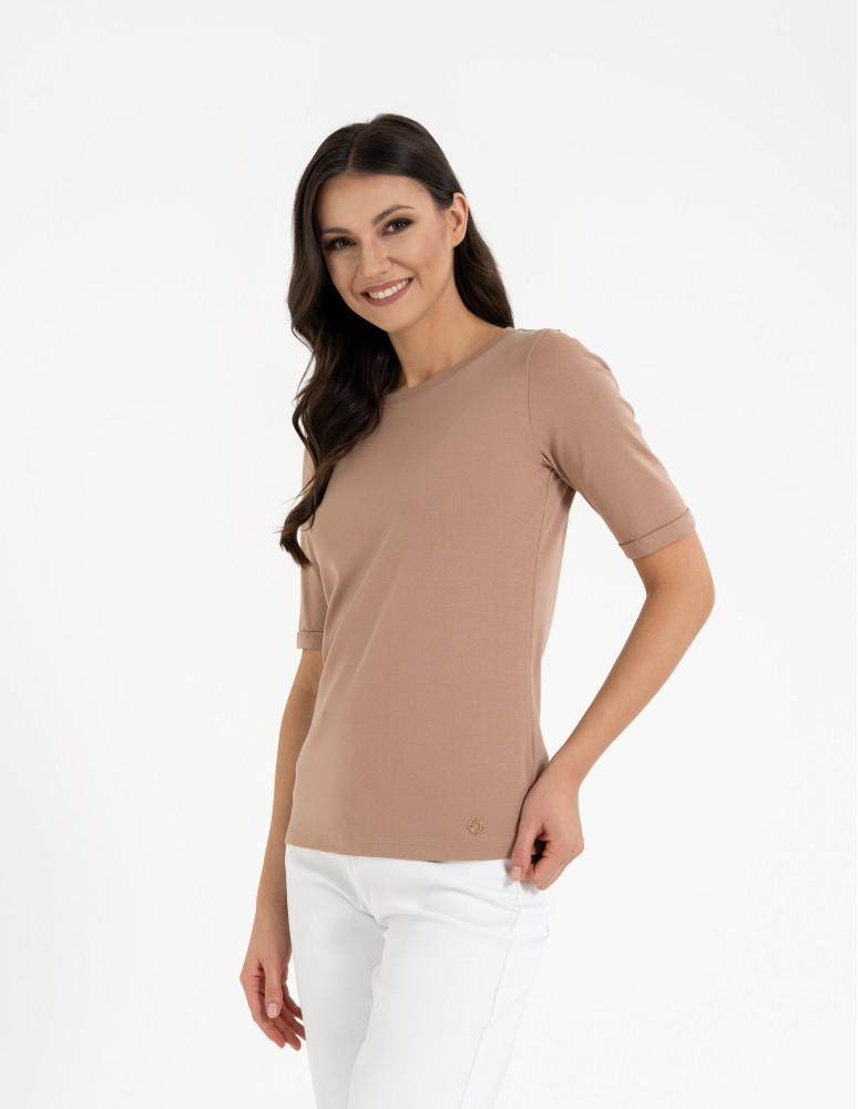 Bluzki i koszule - Bluzka damska z krótkim rękawem bawełniana bez wzoru BEŻOWY  - produkt moraj.pl 7