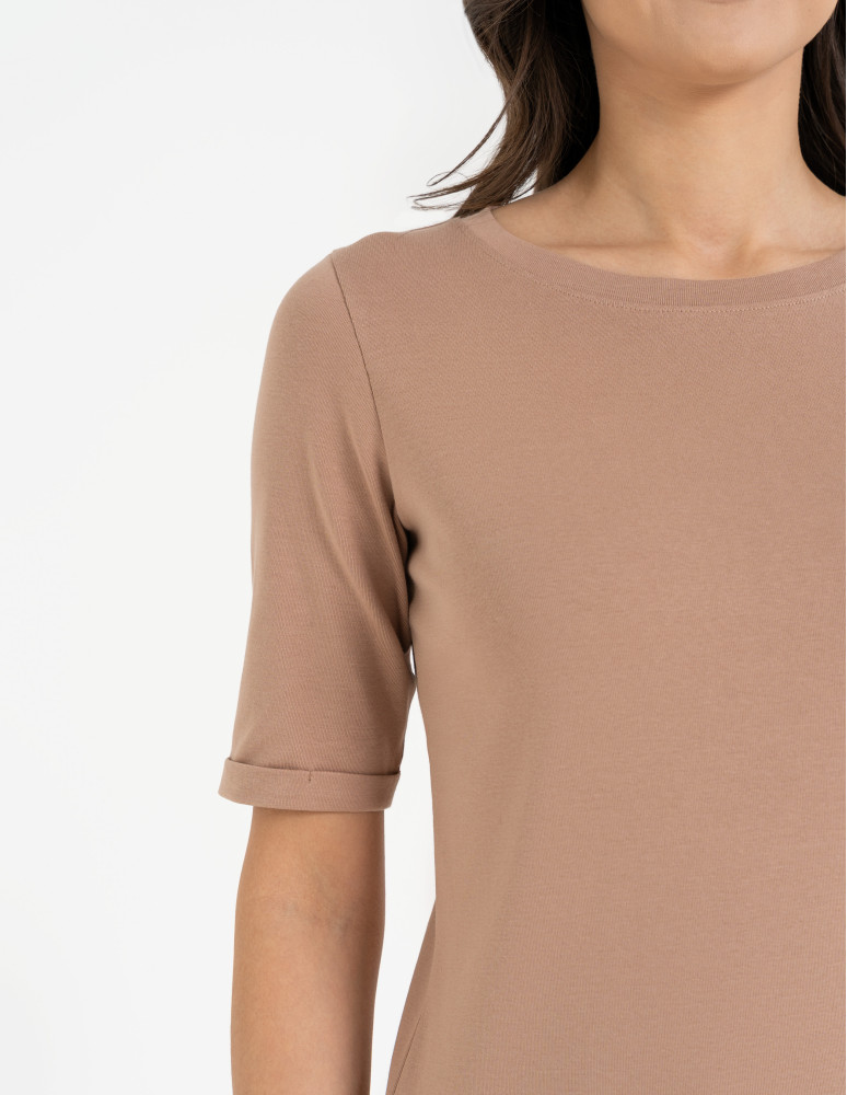 Bluzki i koszule - Bluzka damska z krótkim rękawem bawełniana bez wzoru BEŻOWY  - produkt moraj.pl 8