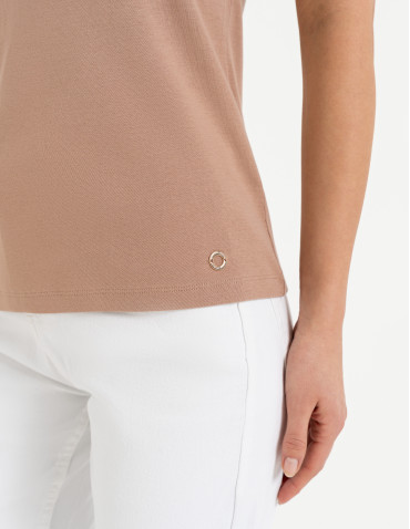 Bluzki i koszule - Bluzka damska z krótkim rękawem bawełniana bez wzoru BEŻOWY - produkt 9