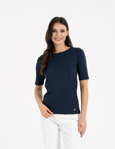 Bluzki i koszule - Bluzka damska z krótkim rękawem bawełniana bez wzoru GRANATOWY - produkt 1