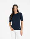 Bluzka damska z krótkim rękawem bawełniana bez wzoru GRANATOWY