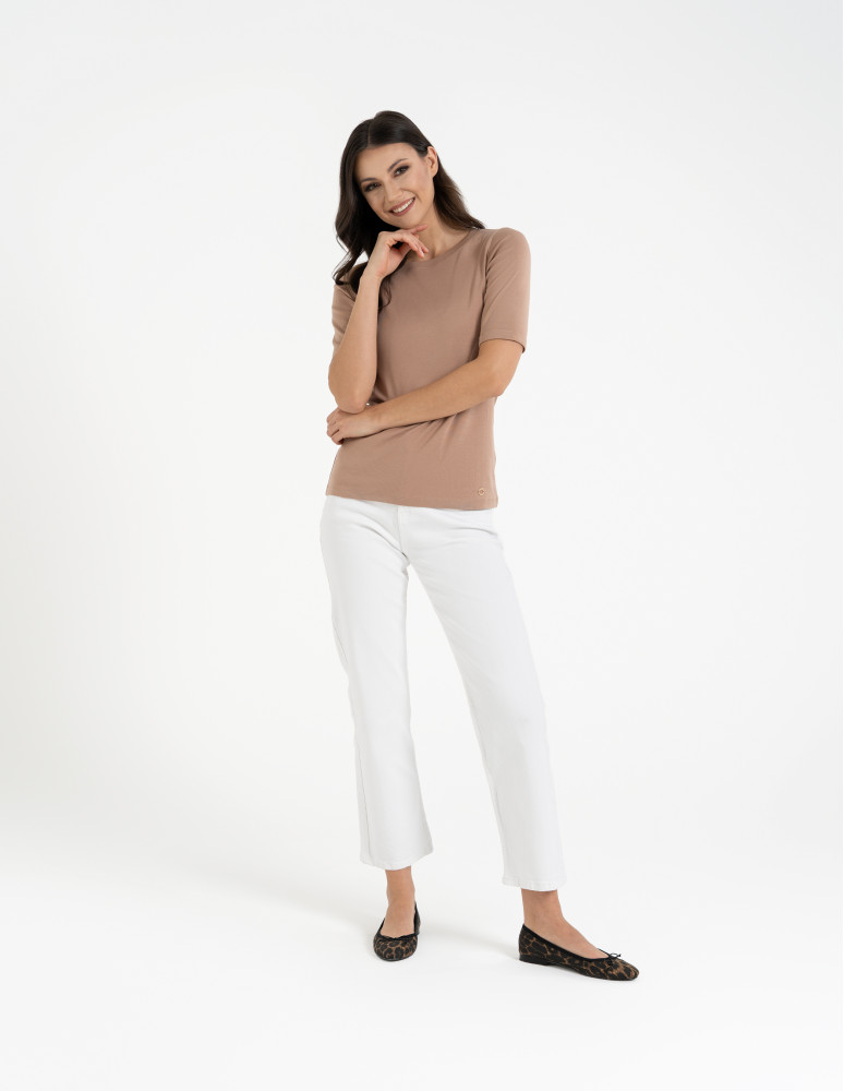 Bluzki i koszule - Bluzka damska z krótkim rękawem bawełniana bez wzoru BEŻOWY  - produkt moraj.pl 10