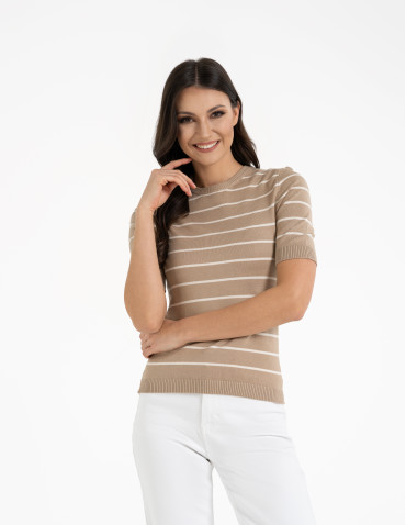 Sweter damski z krótkim rękawem z wiskozą - BEŻOWY