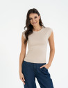 Bluzka damska prążkowana z krótkim rękawem cap sleeve BEŻOWY