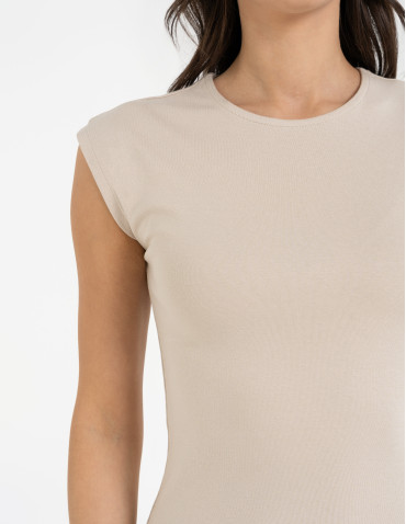 Bluzki i koszule - Bluzka damska prążkowana z krótkim rękawem cap sleeve BEŻOWY - produkt 2