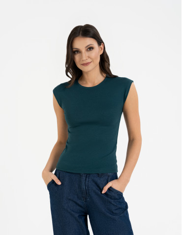 Bluzki i koszule - Bluzka damska prążkowana z krótkim rękawem cap sleeve ZIELONY - produkt 1