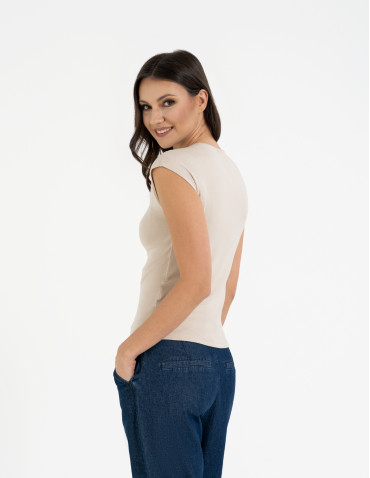 Bluzki i koszule - Bluzka damska prążkowana z krótkim rękawem cap sleeve BEŻOWY - produkt 4