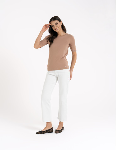 Bluzki i koszule - Bluzka damska z krótkim rękawem bawełniana bez wzoru BEŻOWY - produkt 11