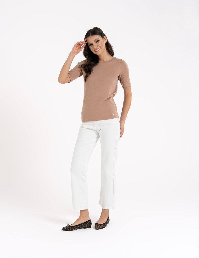 Bluzki i koszule - Bluzka damska z krótkim rękawem bawełniana bez wzoru BEŻOWY  - produkt moraj.pl 11