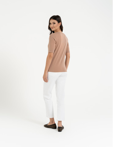 Bluzki i koszule - Bluzka damska z krótkim rękawem bawełniana bez wzoru BEŻOWY - produkt 12