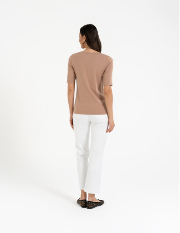 Bluzki i koszule - Bluzka damska z krótkim rękawem bawełniana bez wzoru BEŻOWY - produkt 13