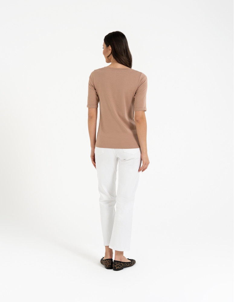 Bluzki i koszule - Bluzka damska z krótkim rękawem bawełniana bez wzoru BEŻOWY  - produkt moraj.pl 13