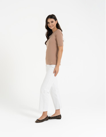 Bluzki i koszule - Bluzka damska z krótkim rękawem bawełniana bez wzoru BEŻOWY - produkt 14