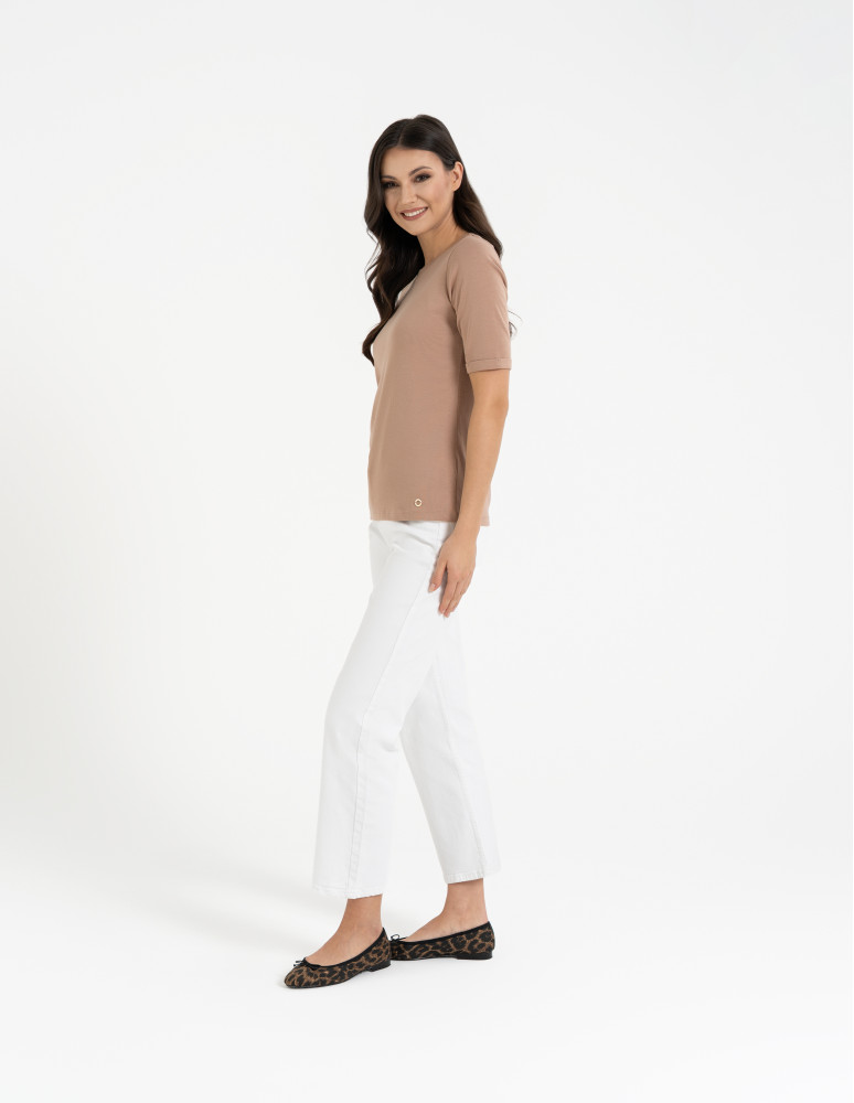 Bluzki i koszule - Bluzka damska z krótkim rękawem bawełniana bez wzoru BEŻOWY  - produkt moraj.pl 14