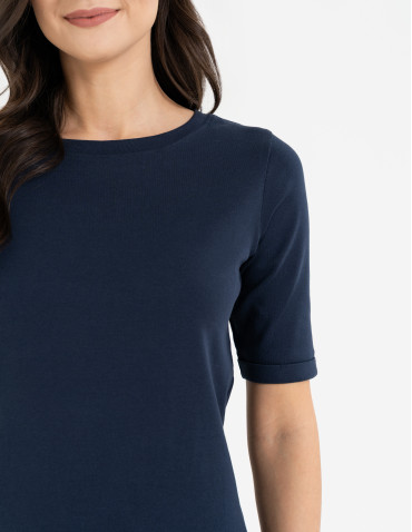 Bluzki i koszule - Bluzka damska z krótkim rękawem bawełniana bez wzoru GRANATOWY - produkt 6