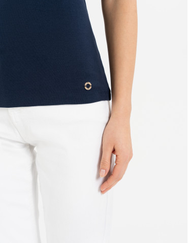 Bluzki i koszule - Bluzka damska z krótkim rękawem bawełniana bez wzoru GRANATOWY - produkt 7