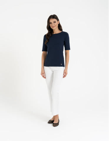 Bluzki i koszule - Bluzka damska z krótkim rękawem bawełniana bez wzoru GRANATOWY - produkt 8