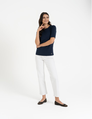 Bluzki i koszule - Bluzka damska z krótkim rękawem bawełniana bez wzoru GRANATOWY - produkt 9