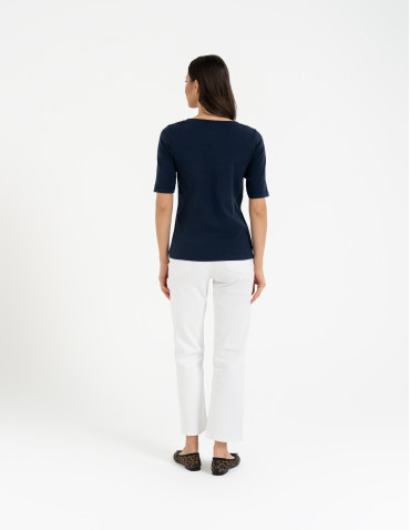 Bluzki i koszule - Bluzka damska z krótkim rękawem bawełniana bez wzoru GRANATOWY - produkt 10