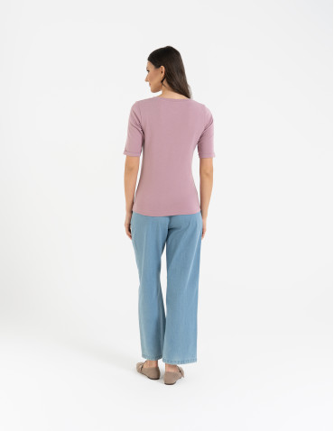 Bluzki i koszule - Bluzka damska z krótkim rękawem bawełniana bez wzoru RÓŻOWY - produkt 7