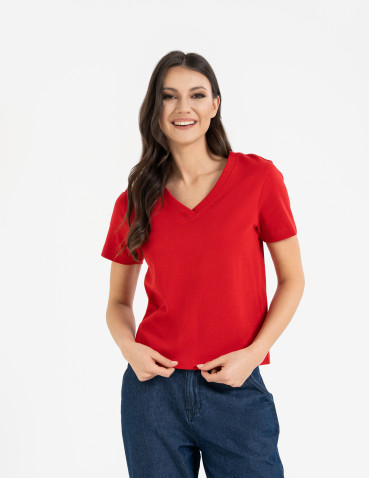 T-shirt damski z dekoltem w serek z dzianiny