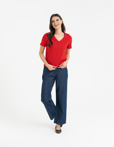 T-shirt damski z dekoltem w serek z dzianiny - produkt 2