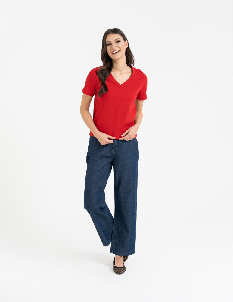 Koszulki i T-shirty - T-shirt damski z dekoltem w serek z dzianiny NIEBIESKI  - produkt moraj.pl 7