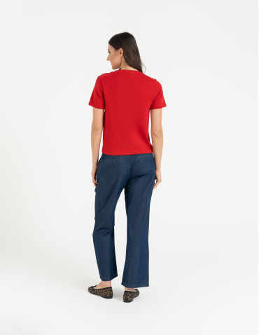 Koszulki i T-shirty - T-shirt damski z dekoltem w serek z dzianiny NIEBIESKI - produkt 8