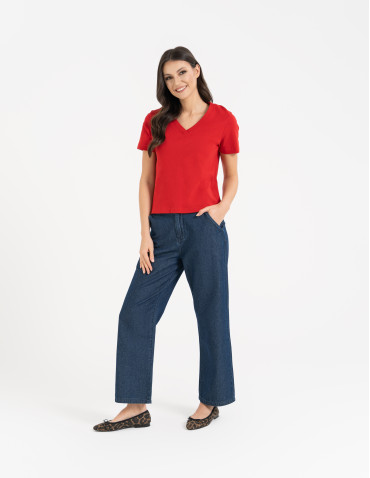 Koszulki i T-shirty - T-shirt damski z dekoltem w serek z dzianiny NIEBIESKI - produkt 9