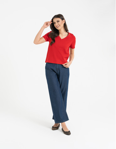 Koszulki i T-shirty - T-shirt damski z dekoltem w serek z dzianiny NIEBIESKI - produkt 10