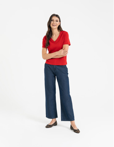 Koszulki i T-shirty - T-shirt damski z dekoltem w serek z dzianiny NIEBIESKI - produkt 11