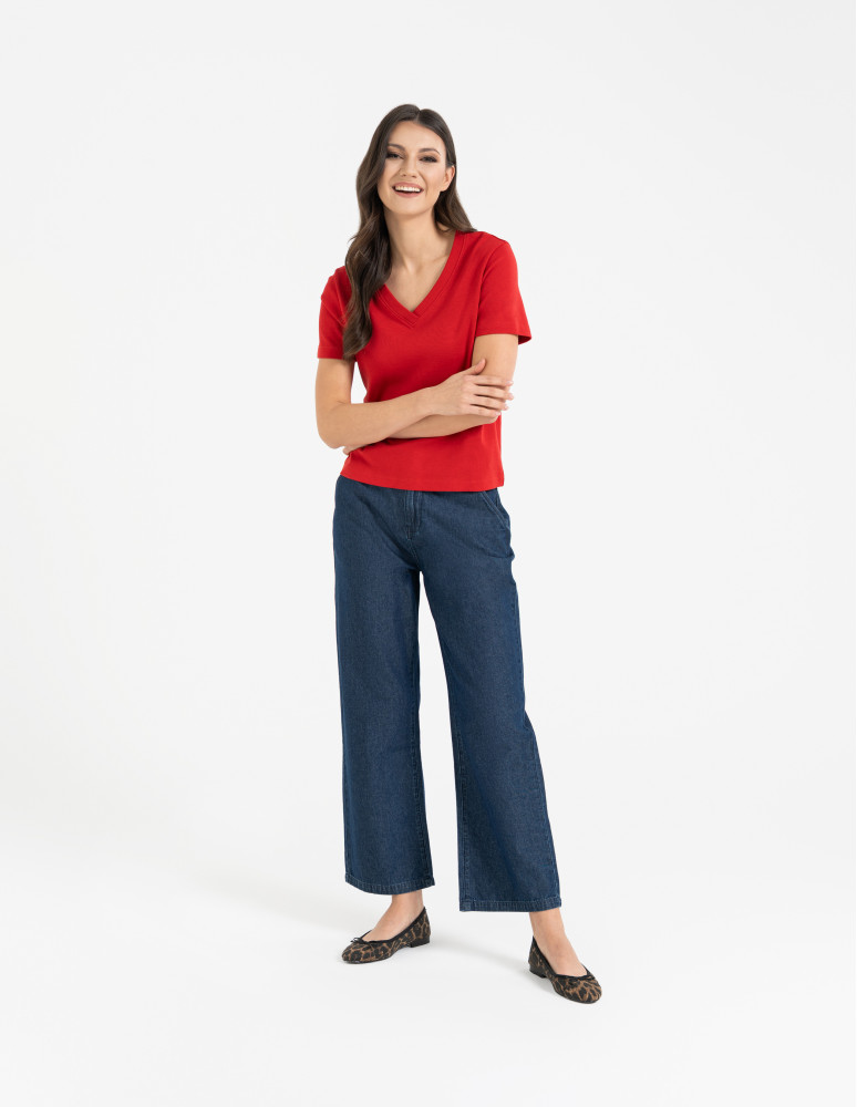 Koszulki i T-shirty - T-shirt damski z dekoltem w serek z dzianiny NIEBIESKI  - produkt moraj.pl 11