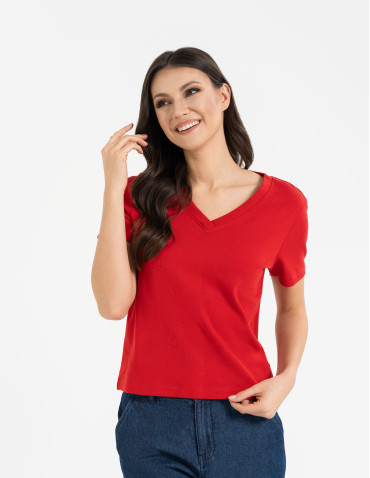 Koszulki i T-shirty - T-shirt damski z dekoltem w serek z dzianiny NIEBIESKI - produkt 13