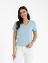 T-shirt damski z dekoltem w serek z dzianiny NIEBIESKI