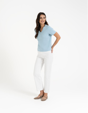 Koszulki i T-shirty - T-shirt damski z dekoltem w serek z dzianiny NIEBIESKI - produkt 21