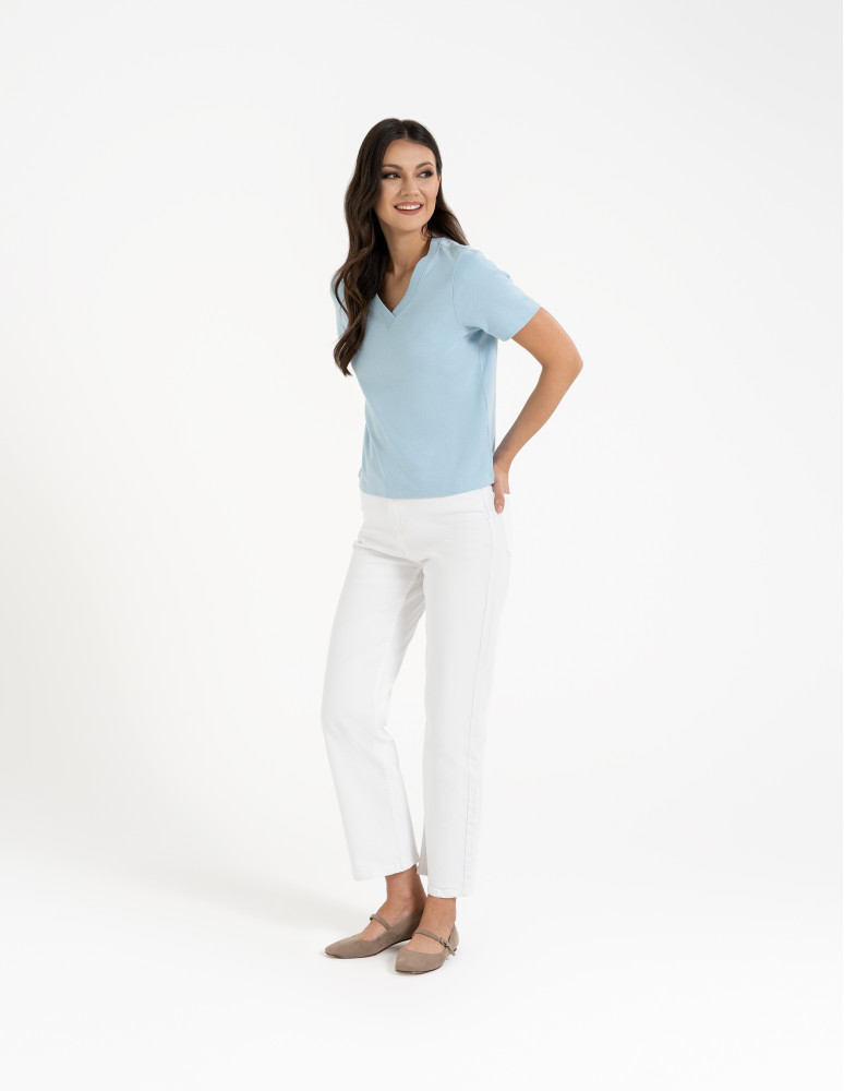 Koszulki i T-shirty - T-shirt damski z dekoltem w serek z dzianiny NIEBIESKI  - produkt moraj.pl 21