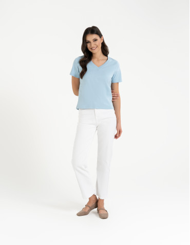 Koszulki i T-shirty - T-shirt damski z dekoltem w serek z dzianiny NIEBIESKI - produkt 22