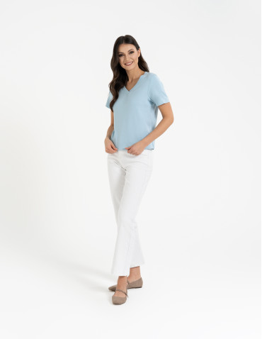 Koszulki i T-shirty - T-shirt damski z dekoltem w serek z dzianiny NIEBIESKI - produkt 23