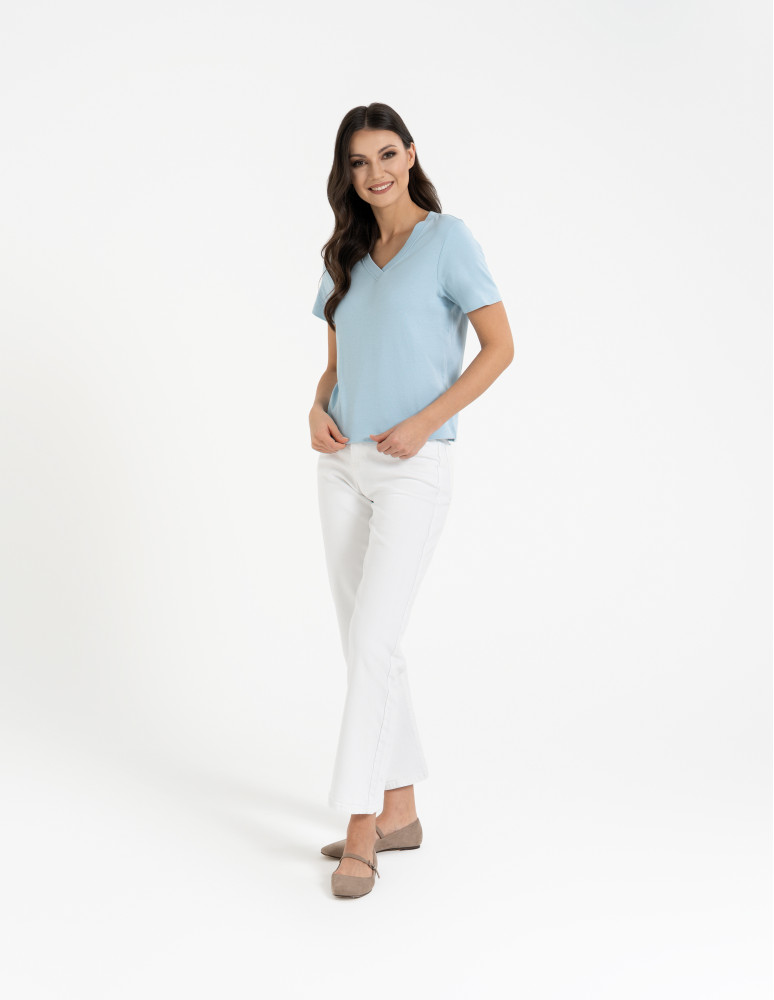 Koszulki i T-shirty - T-shirt damski z dekoltem w serek z dzianiny NIEBIESKI  - produkt moraj.pl 23