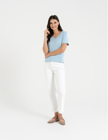 Koszulki i T-shirty - T-shirt damski z dekoltem w serek z dzianiny NIEBIESKI - produkt 24