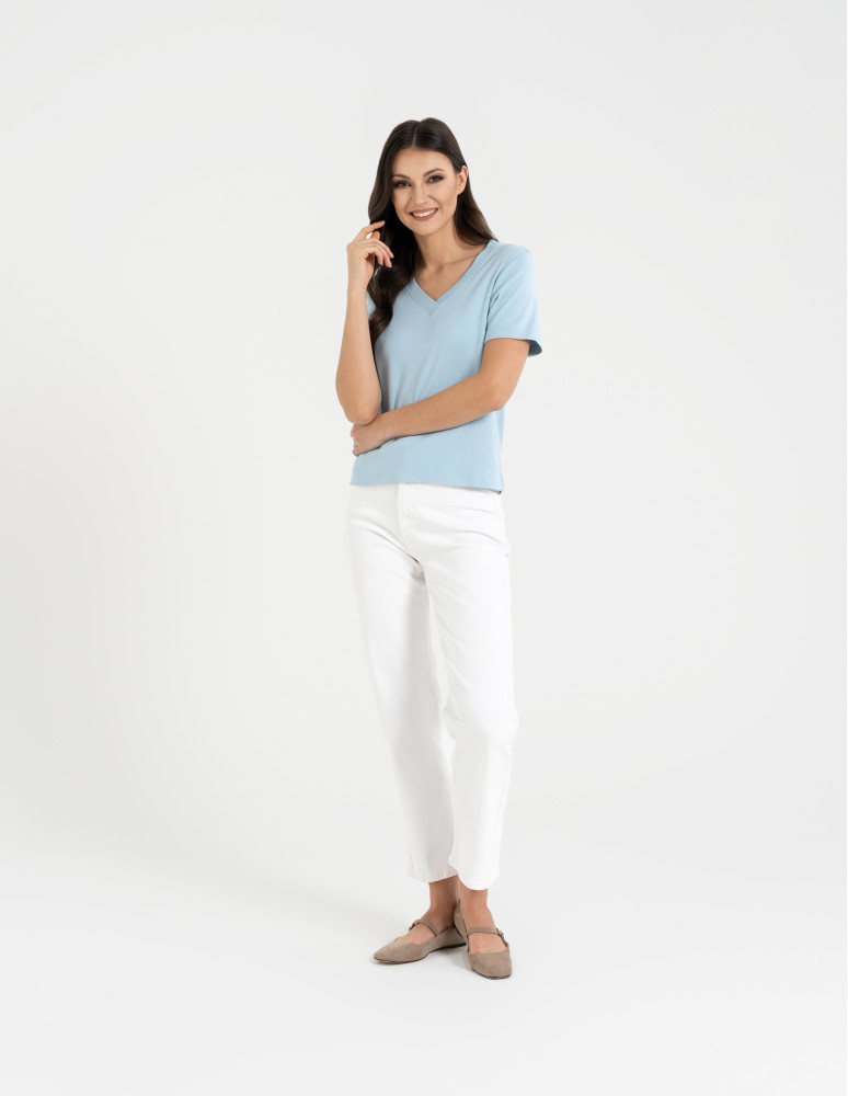 Koszulki i T-shirty - T-shirt damski z dekoltem w serek z dzianiny NIEBIESKI  - produkt moraj.pl 24