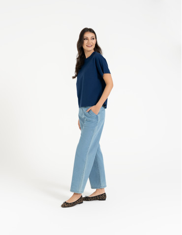 Koszulki z krótkim rękawem - Koszulka damska bawełniana z krótkim rękawem luźny krój GRANATOWY - produkt 4