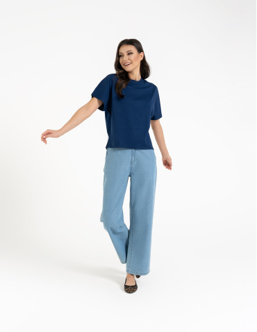 Koszulki z krótkim rękawem - Koszulka damska bawełniana z krótkim rękawem luźny krój GRANATOWY - produkt 5