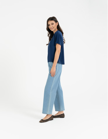 Koszulki z krótkim rękawem - Koszulka damska bawełniana z krótkim rękawem luźny krój GRANATOWY - produkt 6