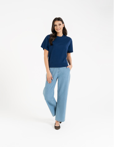 Koszulki z krótkim rękawem - Koszulka damska bawełniana z krótkim rękawem luźny krój GRANATOWY - produkt 7